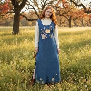 LG Vintage Dress Denim Floral Embroidered Jean  Sleeveless Maxi jumper Modest